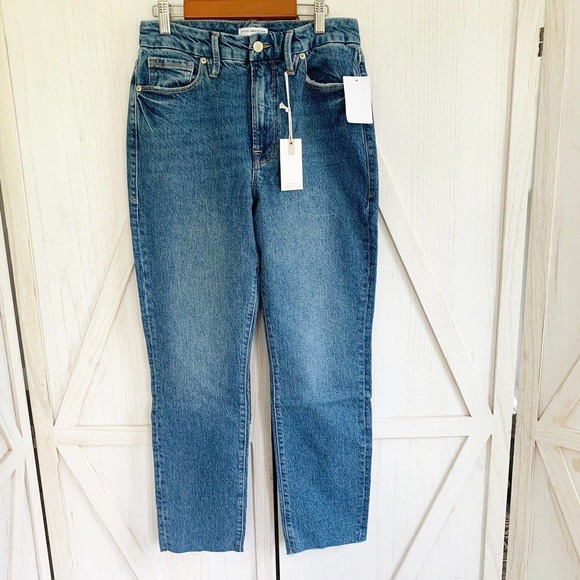 Good American Good Classic Jeans 0/25 High Rise Straight Raw Hem GCRH086TFT NWT - Picture 3 of 11
